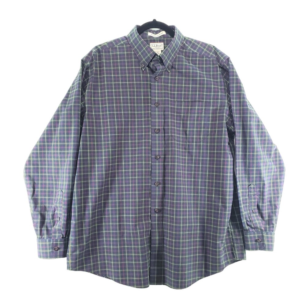 L.L. Bean L Wrinkle Resistant Cotton Men's Button Down Casual Plaid Dress Shirt